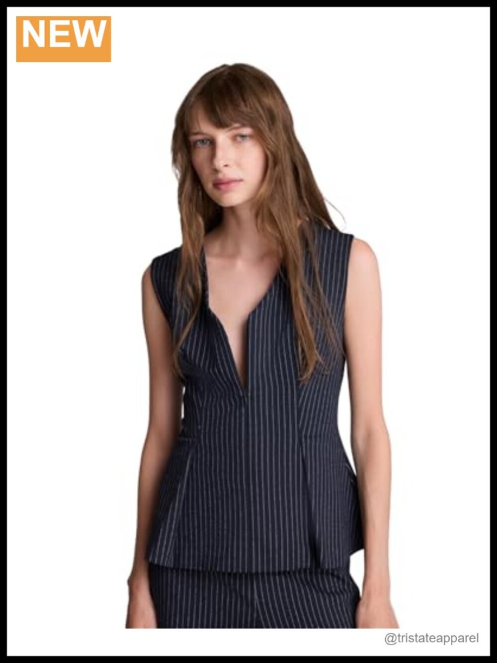 Sleeveless V-Neck Pinstriped Peplum Top with Pinstripes